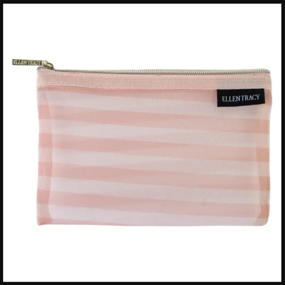 ❣️2/$36 NWT Ellen Tracy 3 Piece Mesh Pouch Set Travel Storage Pink Stripes $35